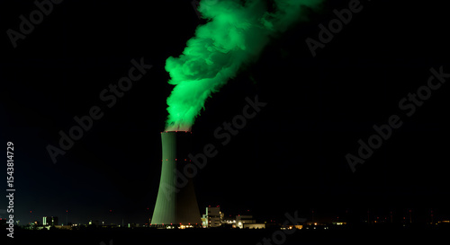 Industrial Power Plant with Green Smoke Emission at Night Representing Environmental Concern Energy Production and Pollution Awareness Concept