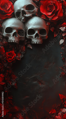 Dark and moody baroque background for Halloween with skulls, flowers, and copy space