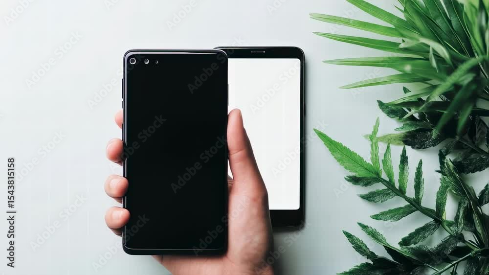 Hand-Held Phone and Greenery: A modern mobile phone held in a hand, juxtaposed with another and lush greenery, evokes a blend of tech and nature. It suggests a harmonious connection.