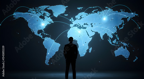 Businessman Standing In Front Of Digital World Map With Global Network Connection And Data Exchange Interface For International Business