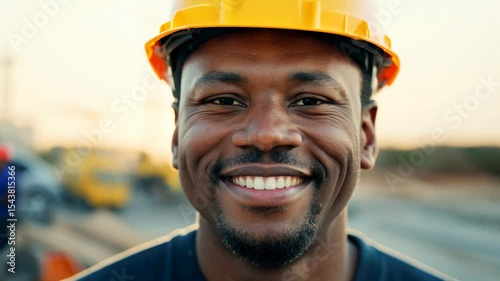 Close up of a male African American supervisor or engineer with clipboard on construction site. The smiling supervisor takes notes, ensuring each detail is captured for the construction project.
