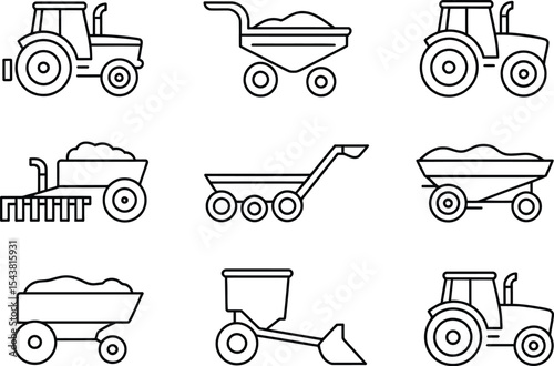 A collection of farming equipment icons in black outline on a white background