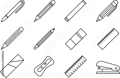 Outline illustration of various stationery items on a white background