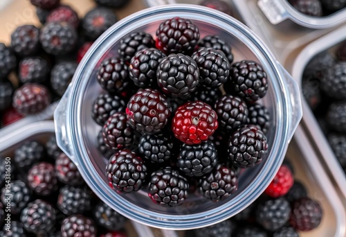 A pint of fresh blackberries in a clear plastic container, still life, bramble