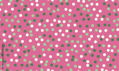 Joyful pink background scattered with green and white polka dots.  Perfect for celebratory designs, packaging, textiles, or website backgrounds.