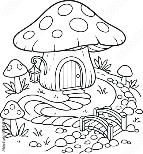 Cute tree stump house with mushrooms coloring page
