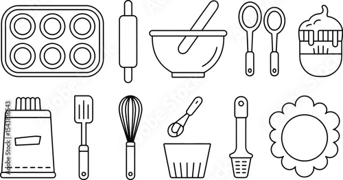 Illustration of baking tools including muffin tin and mixing bowl outline style