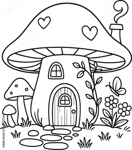 Cute mushroom house coloring page illustration