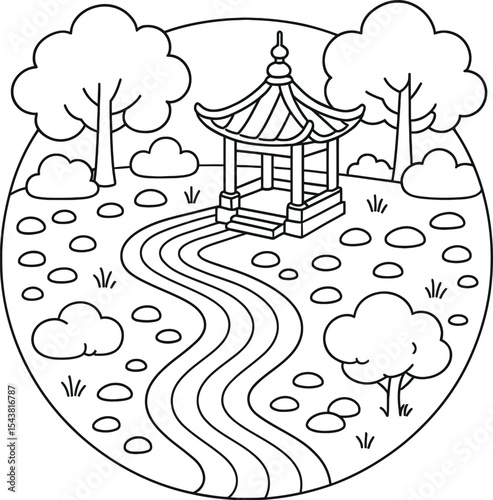 Line art illustration of a chinese garden pavilion