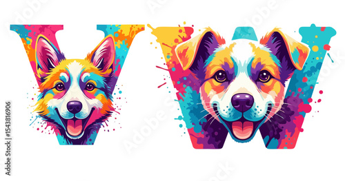 Colorful letter V, W featuring a happy corgi dog's face with vibrant splashes of color