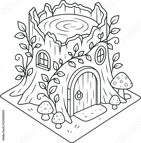 Enchanted tree stump house isometric line art