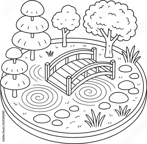 Zen garden illustration with bridge and pond