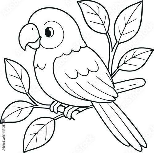 Cute parrot on branch coloring page illustration