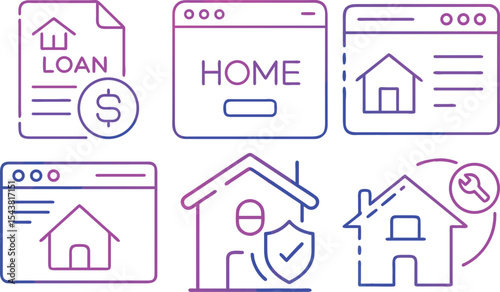 A versatile set of home icons in vector style, including various house shapes, real estate symbols, and residential elements.
