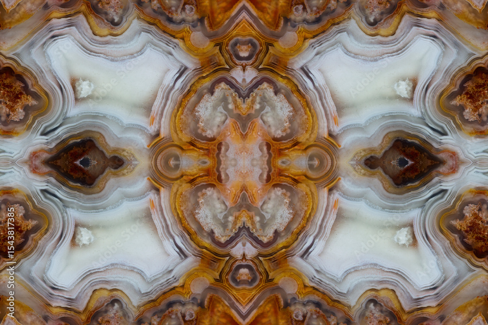 Fototapeta premium Laguna agate kaleidoscope repeating mirror-effect pattern.