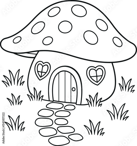 Cute mushroom house coloring page illustration