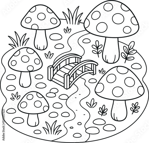 Cute cartoon mushroom garden with bridge coloring page