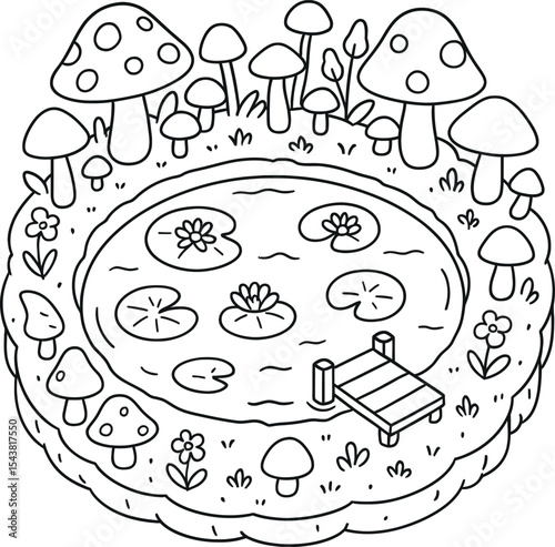 Cute cartoon pond scene with mushrooms and flowers coloring page