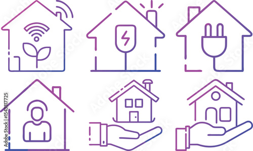 A versatile set of home icons in vector style, including various house shapes, real estate symbols, and residential elements.

