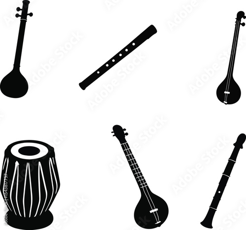 Indian classical musical instruments silhouettes