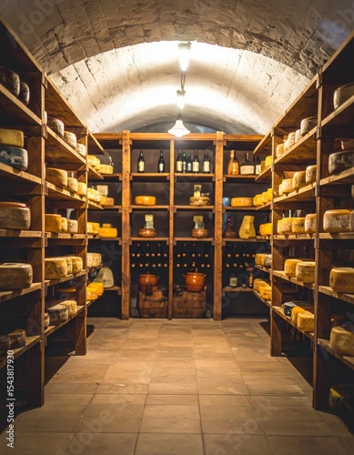 Cheese and wine cellar with wheels of cheese and bottles of wine on wooden shelves.