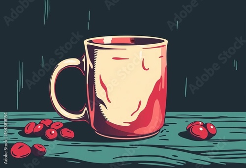 Retro etched coffee mug, woodcut style vector illustration,   surface,  cup