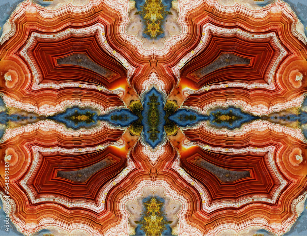 Fototapeta premium Laguna agate kaleidoscope repeating mirror-effect pattern.