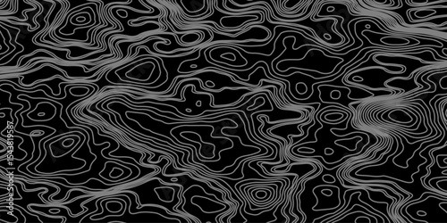 Abstract black and white topographic map illustration in vector style, showing contour lines, curves, and mountain ranges. Seamless pattern inspired by physical geography and terrain relief.