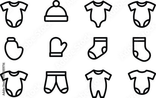 Collection of baby clothes icons including onesies hat mittens and socks set