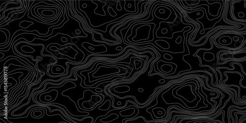 Abstract black and white topographic map illustration in vector style, showing contour lines, curves, and mountain ranges. Seamless pattern inspired by physical geography and terrain relief.