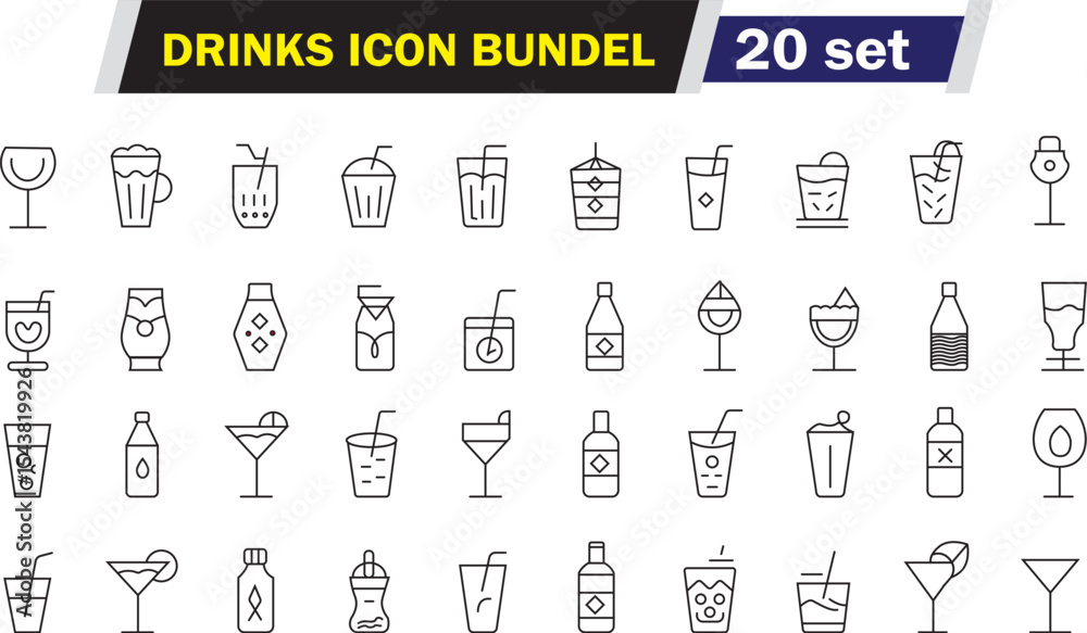 Obraz premium Black and White Outline Icon Set of 20 Different Drinks, Isolated on White