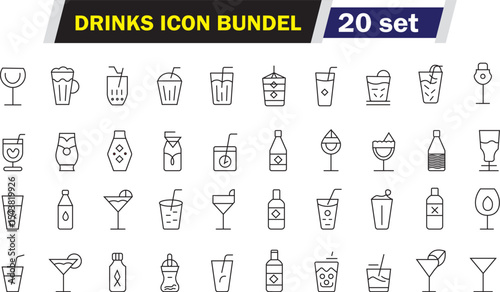 Black and White Outline Icon Set of 20 Different Drinks, Isolated on White