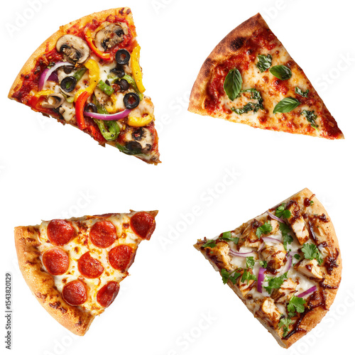 Set of Four Pizza Slices with Varied Toppings for Menu Layouts, Food Blogs, and Takeout Promotions