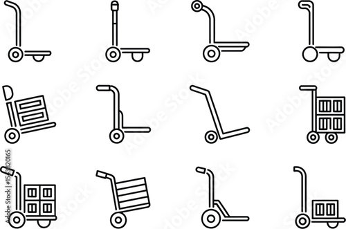 Twelve outline illustrations of various hand trucks and moving dolly designs
