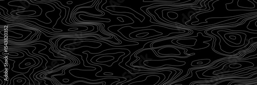Abstract black and white topographic map illustration in vector style, showing contour lines, curves, and mountain ranges. Seamless pattern inspired by physical geography and terrain relief.