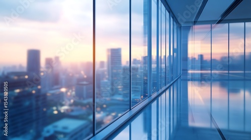 Blurred office workspace in the evening , interior workplace with cityscape for business presentation background, AI generated