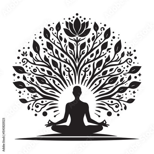 Floral Tree of Life Emerging from Meditating Woman Silhouette