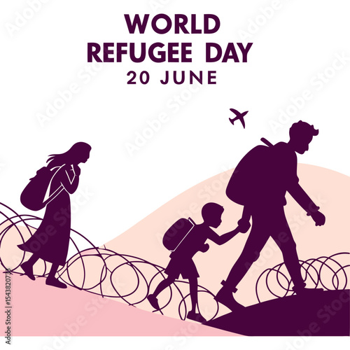 Silhouette of a refugee family walking near a barbed wire fence