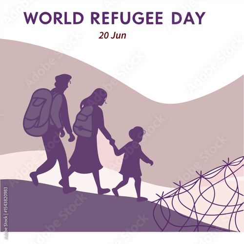 A family of refugees walks toward a fence on world refugee day