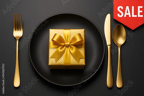 Luxury Golden Gift Box on Elegant Black Plate with Golden Cutlery and Red Sale Tag for Festive Discount Promotions