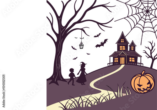 Halloween night with haunted house pumpkin and bats in spooky background