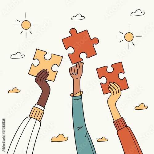 Diverse Hands Holding Puzzle Pieces for Teamwork and Unity