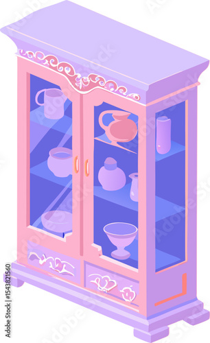 Icon of china cabinet with decorative glass doors in pastel colors 