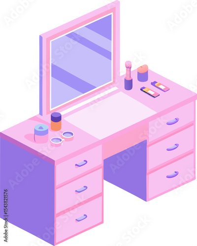 Icon of vanity table with makeup products in pastel style on white background 