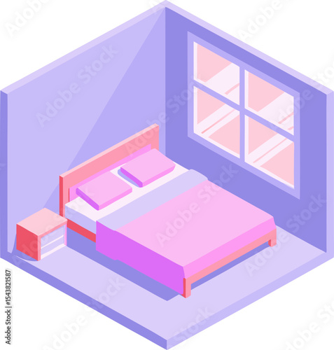 Icon of bedroom with bed and nightstand in pastel style with cozy decor on white background 