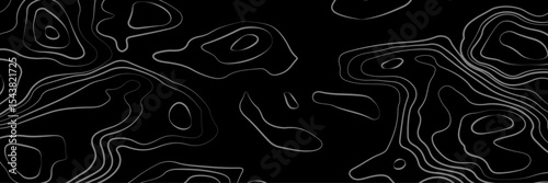 Abstract black and white topographic map illustration in vector style, showing contour lines, curves, and mountain ranges. Seamless pattern inspired by physical geography and terrain relief.