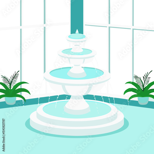 con of elegant indoor fountain surrounded by plants creating a serene atmosphere in a bright room