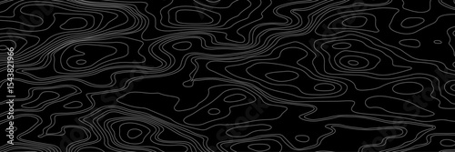 Abstract black and white topographic map illustration in vector style, showing contour lines, curves, and mountain ranges. Seamless pattern inspired by physical geography and terrain relief.