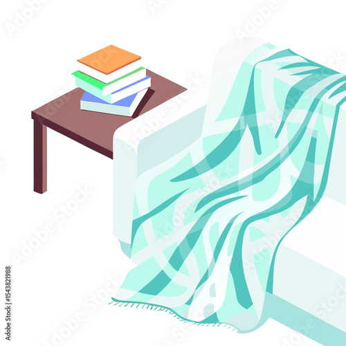 Icon of cozy throw blanket draped on a sofa with colorful books on a side table 