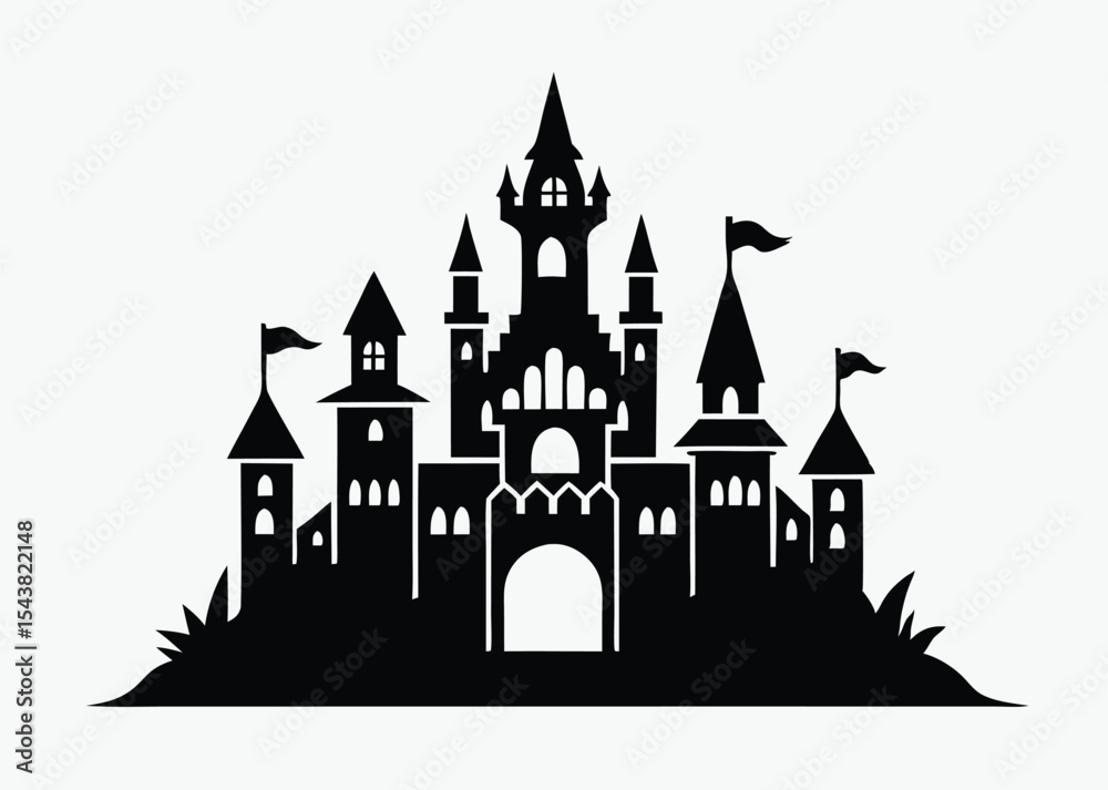 Obraz premium Castle silhouette vector, tall spired towers, gothic medieval style, black and white design